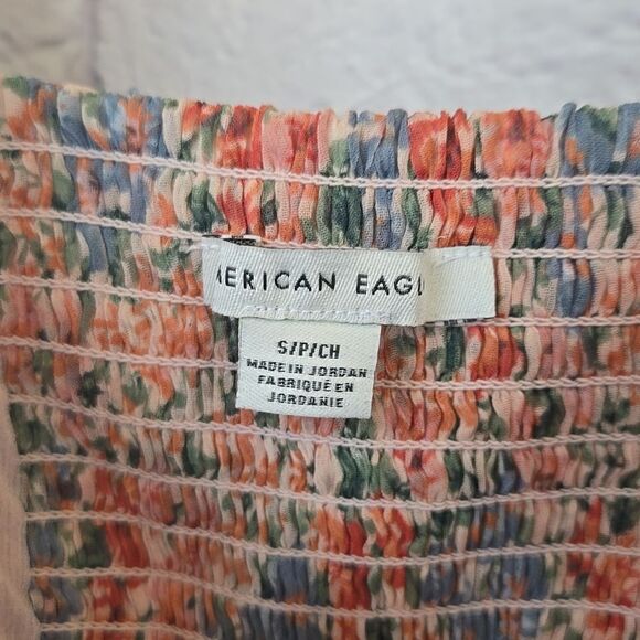 American Eagle Girly Boho Chic Chiffon Blouse Peach Floral Ruched Peplum Top S - Picture 10 of 13